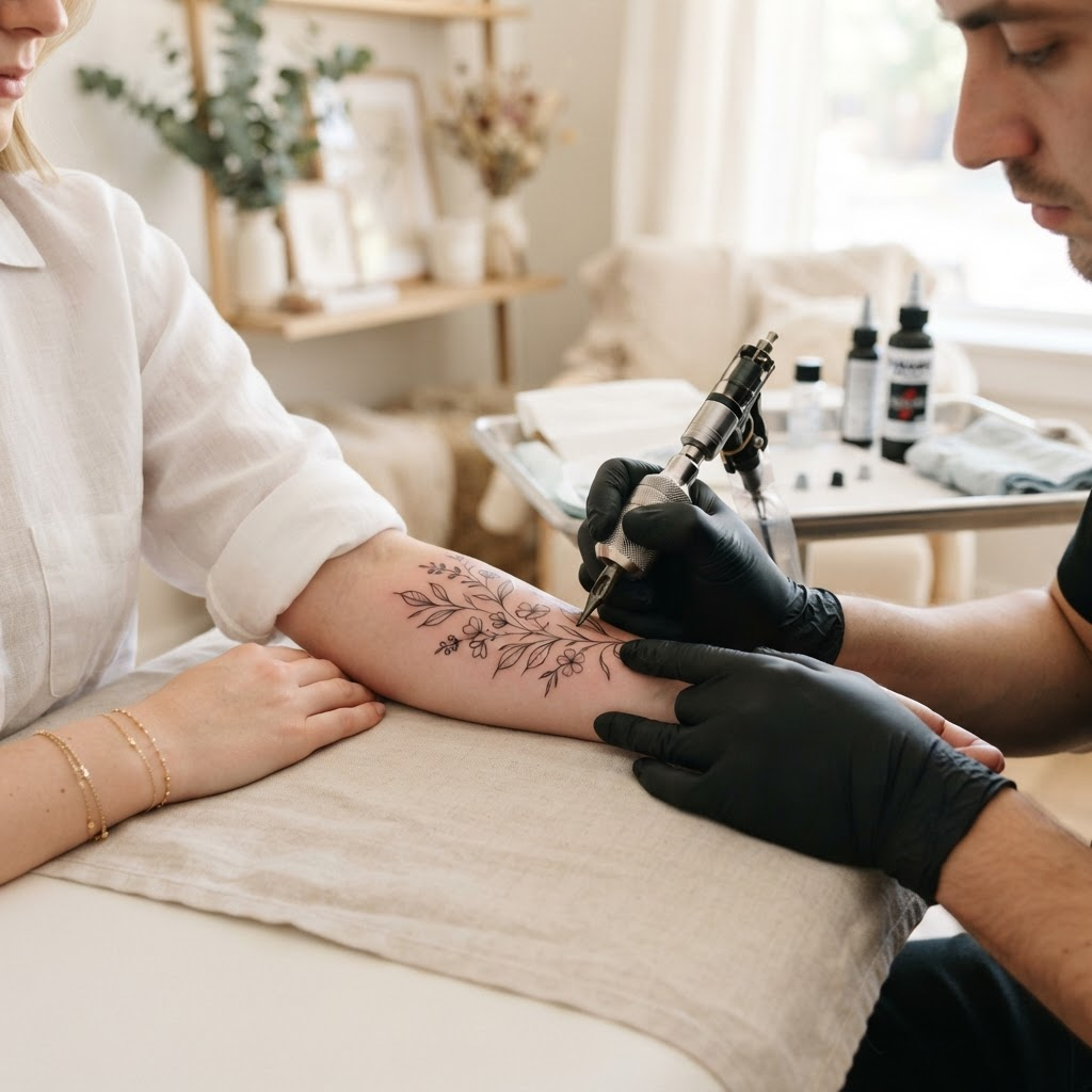 Fineline Tattoo wird mit feiner Nadel auf den Unterarm aufgetragen.